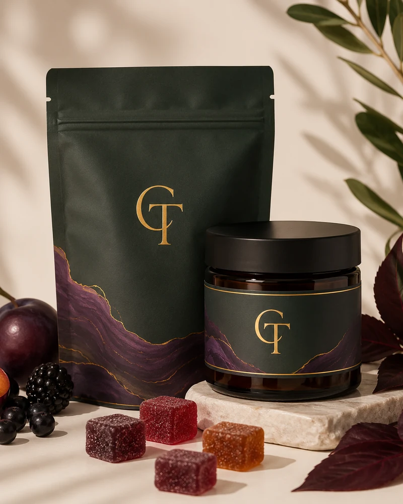 Adult wellness gummies in dark berry and green packaging