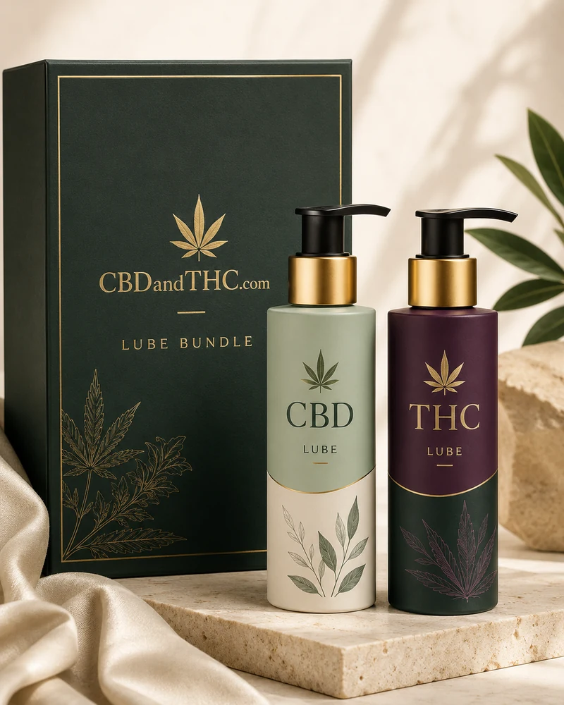 CBD and THC lubricant bundle with two coordinated pump bottles