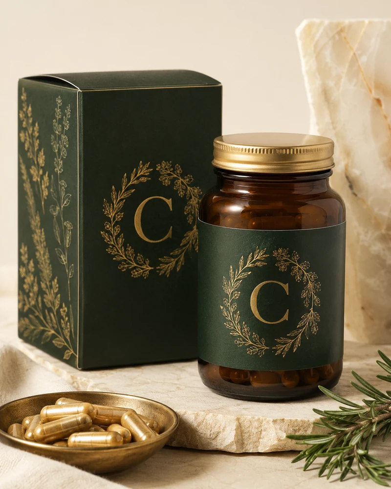 Carmen's Medicinals capsules in botanical green and gold packaging