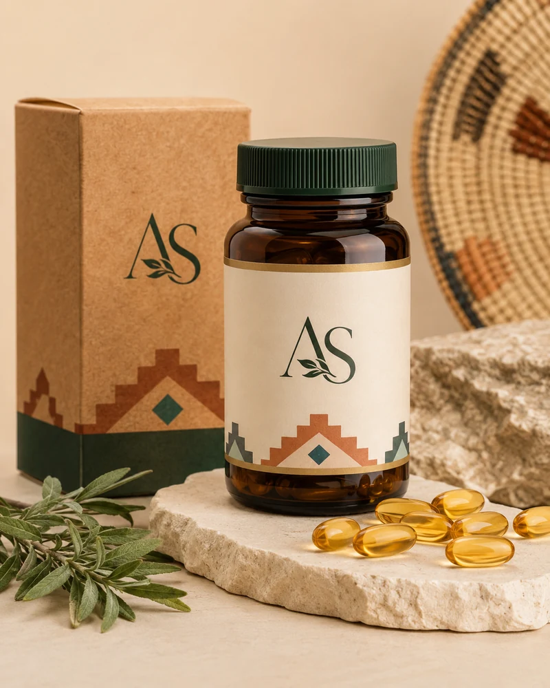 CBD American Shaman softgel capsules in earth-toned packaging