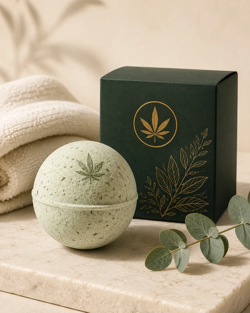 CBD-only pale sage bath bomb with premium green packaging