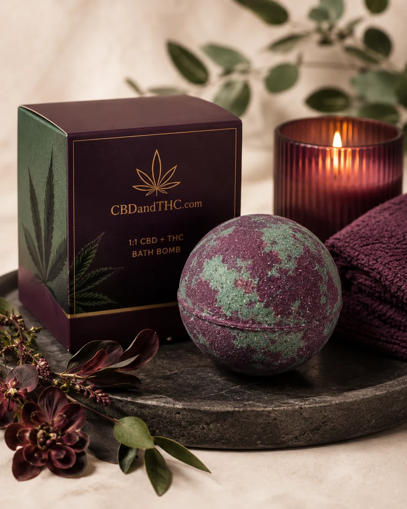 One-to-one CBD and THC bath bomb in plum and sage tones