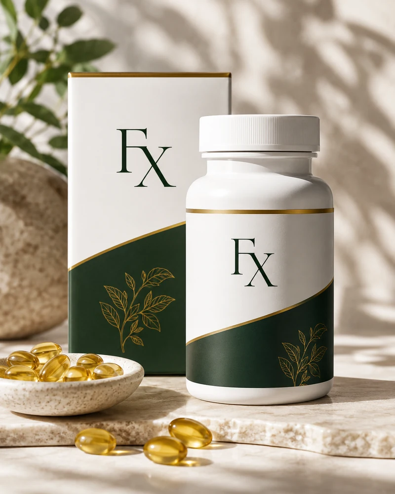 CBDfx golden softgel capsules in white and green packaging