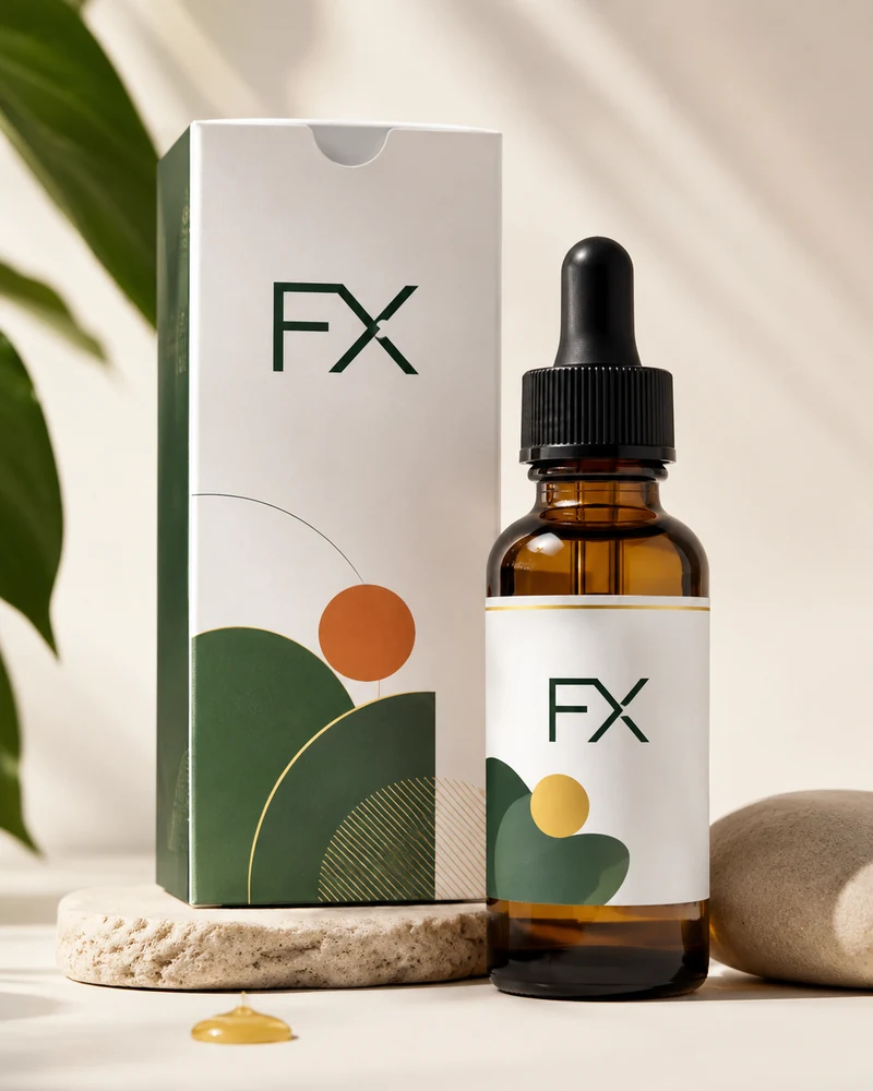CBDfx tincture bottle in modern white and green packaging