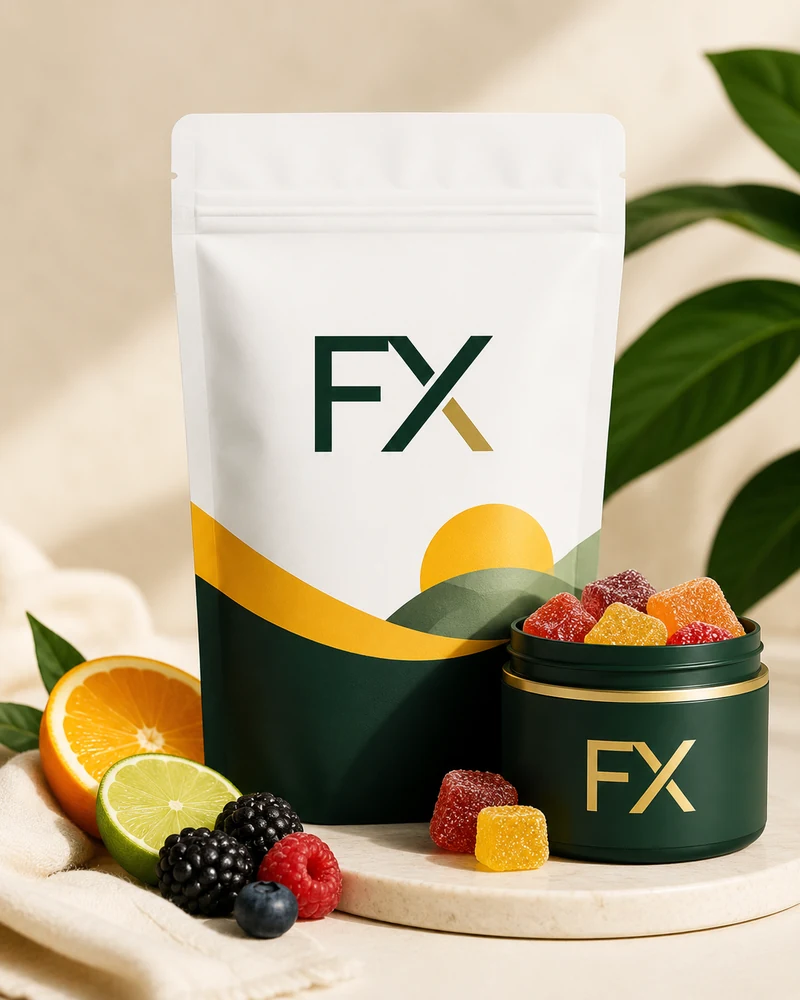 CBDfx gummies in clean white and green packaging