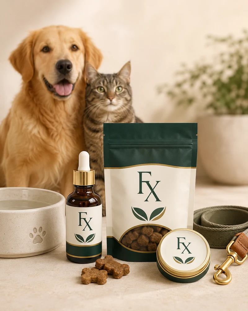 CBDfx pet CBD oil, treats and balm with a dog and cat