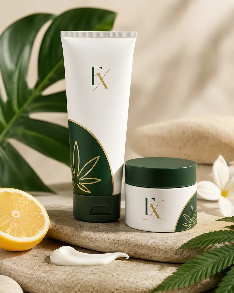 CBDfx cream and balm in white and green packaging