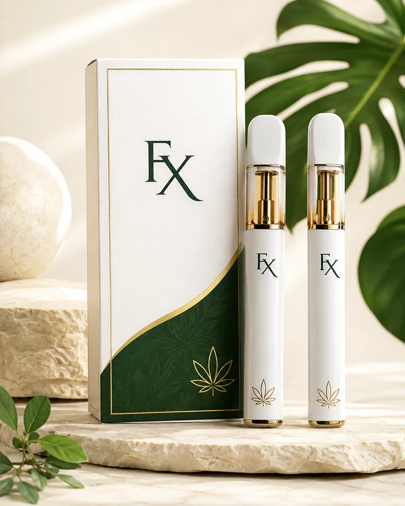 CBDfx slim vape pens in clean white and green packaging