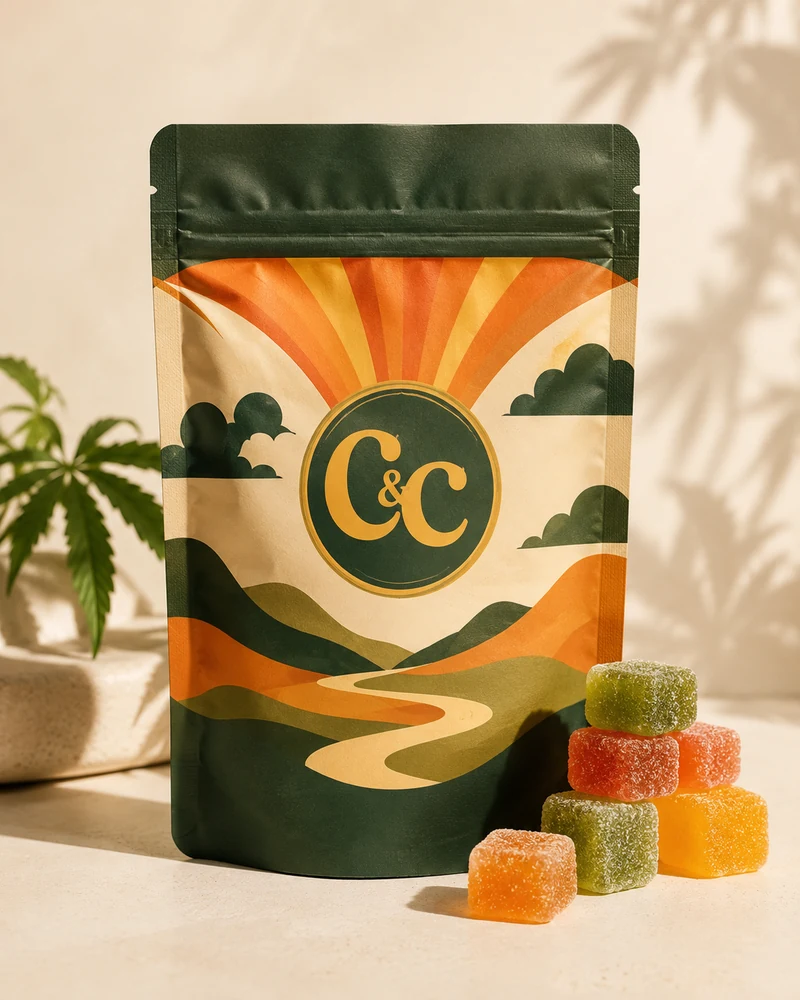 Cheech and Chong's Legends gummies in retro-inspired packaging
