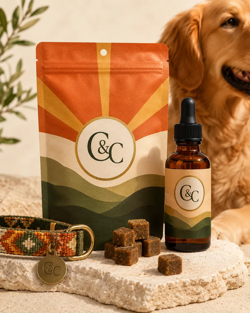 Cheech and Chong's pet CBD oil and chews in retro packaging
