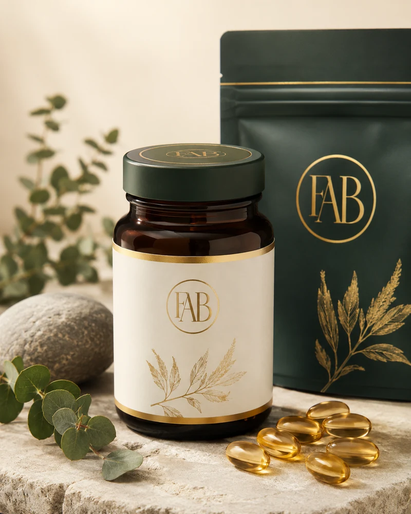 FabCBD softgel capsules with amber bottle and green pouch