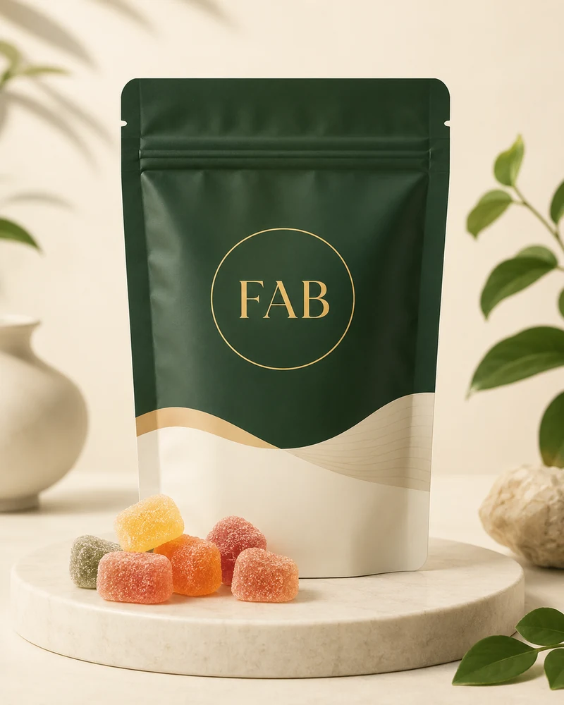 FabCBD gummies in minimalist green and cream packaging