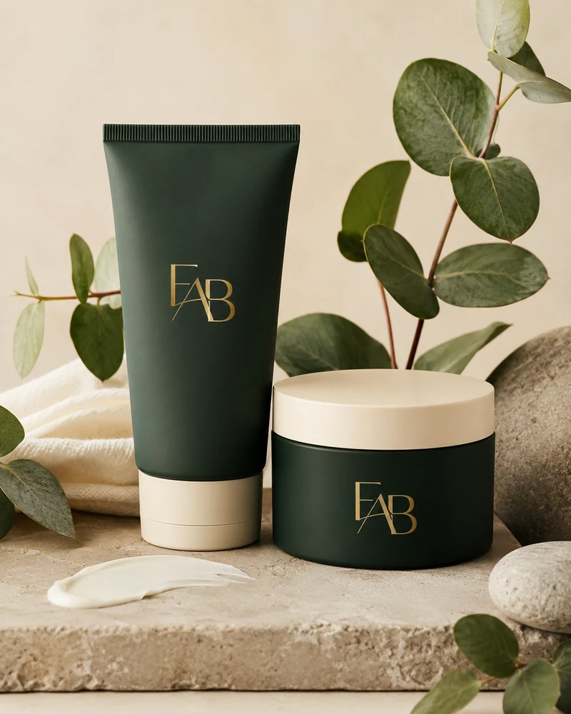 FabCBD topical cream and jar in dark green packaging
