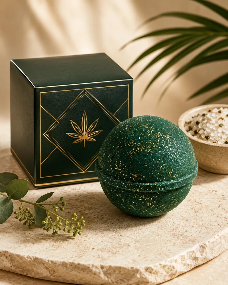 High-potency emerald bath bomb with gold-accented packaging
