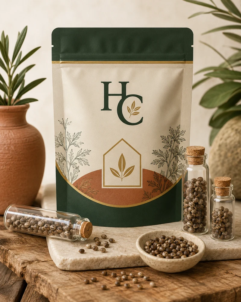 Homegrown Cannabis Co seeds and glass vials in garden-inspired packaging