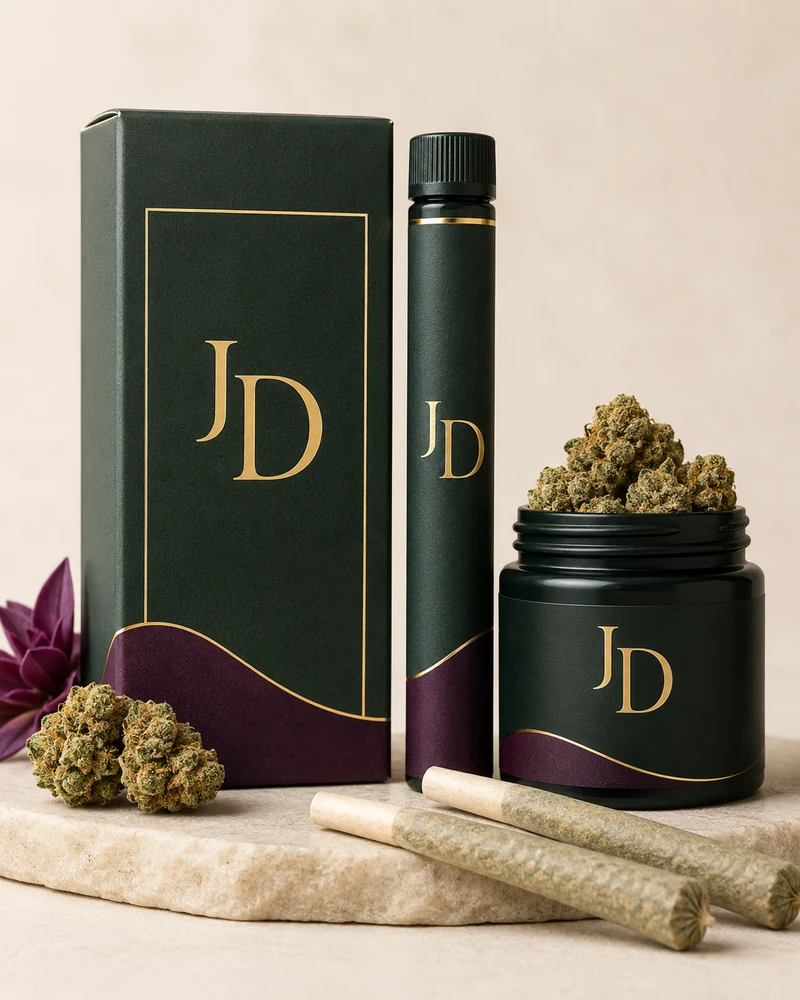 Just Delta hemp flower jar and pre-rolls in green and plum packaging