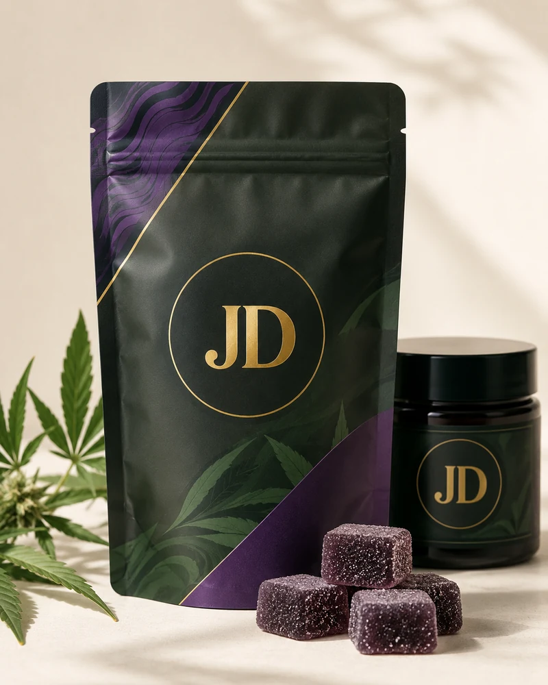 Just Delta THC gummies in dark green and purple packaging