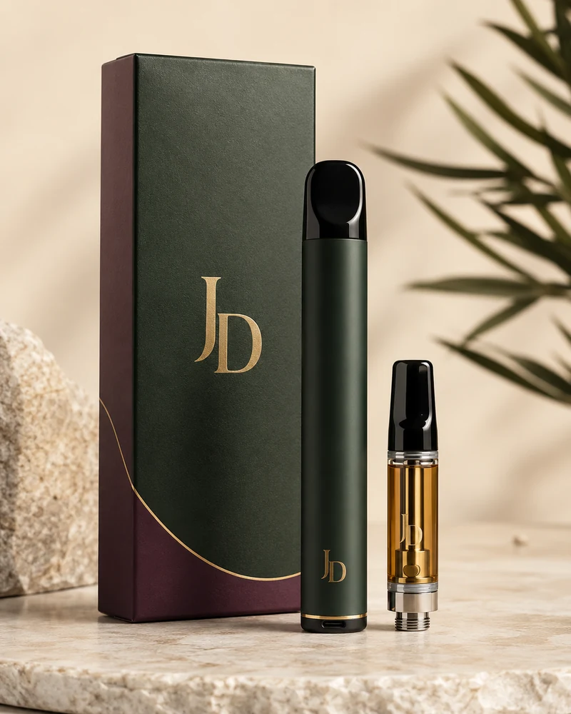 Just Delta disposable vape and cartridge in green and plum packaging