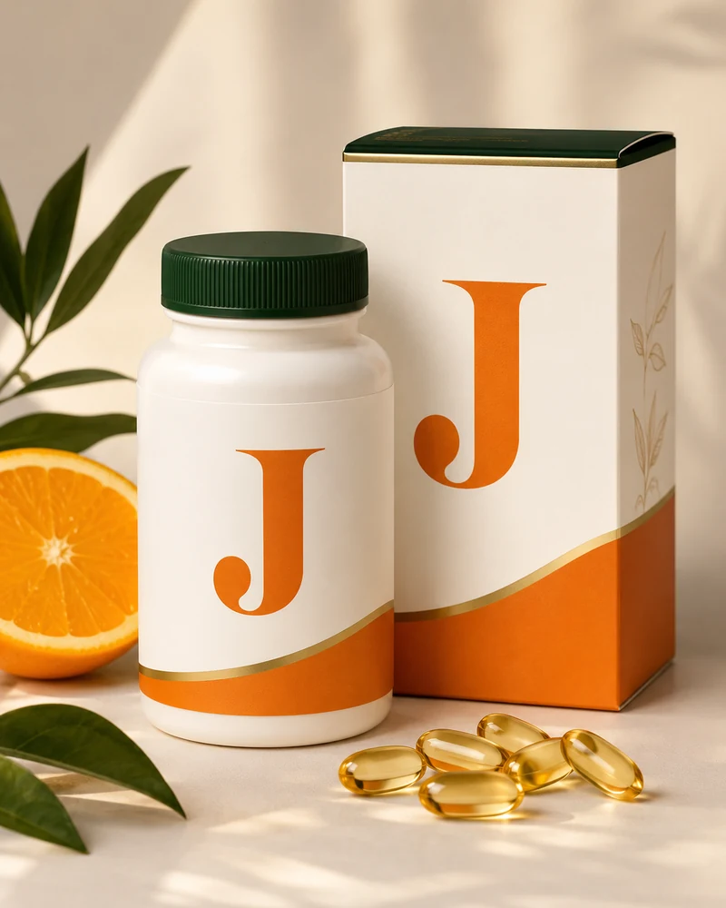JustCBD golden softgel capsules in white and orange packaging