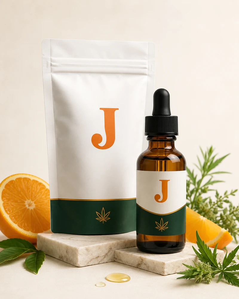 JustCBD oil bottle with bright orange accents