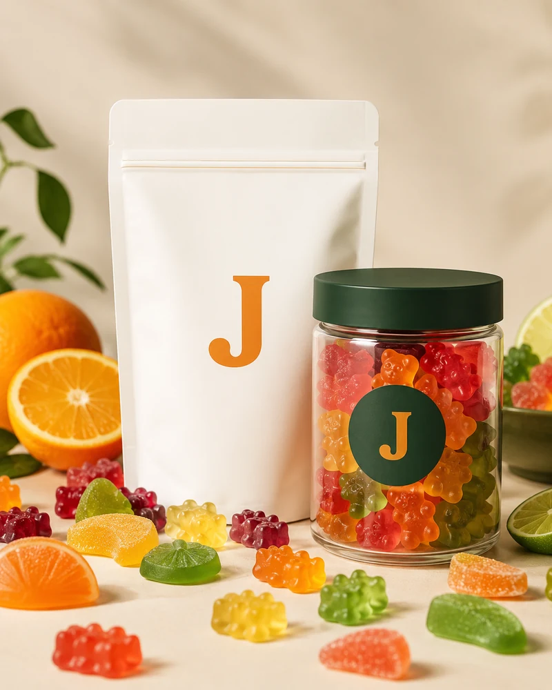 JustCBD colorful gummy assortment in white and orange packaging