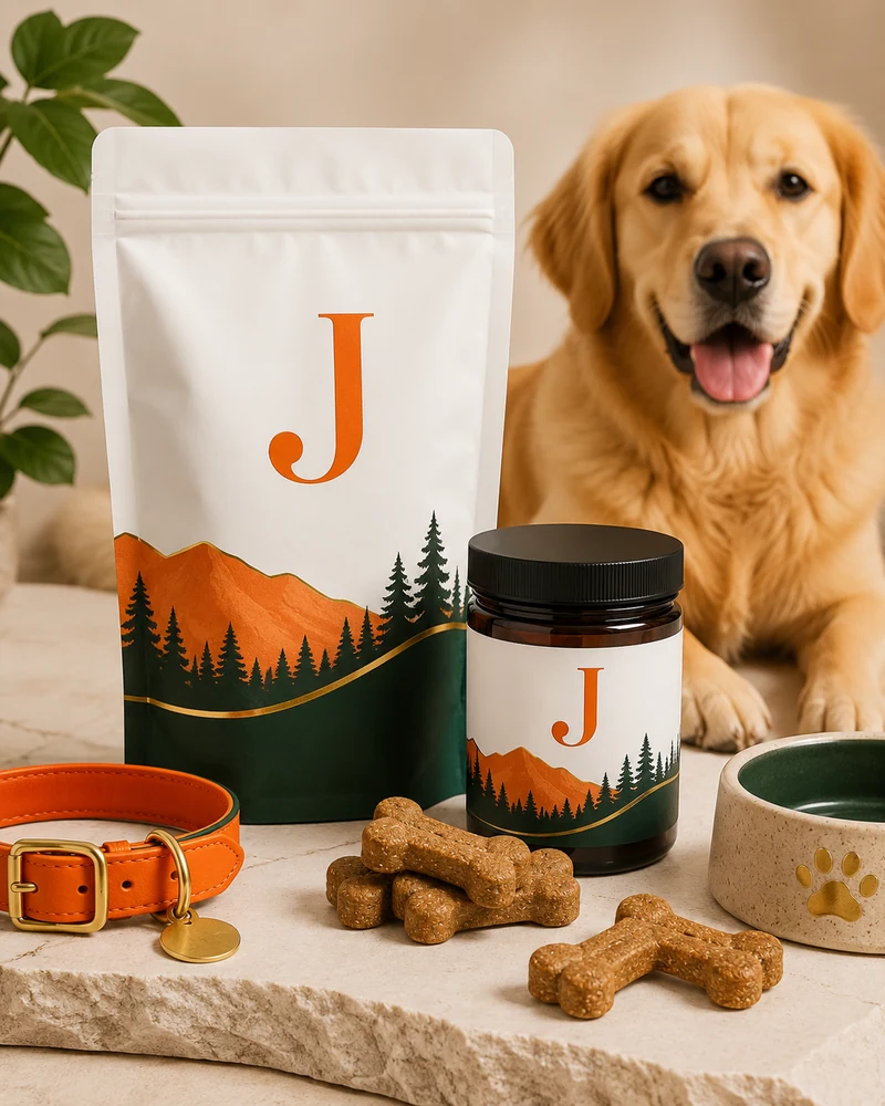 JustCBD dog treats with a healthy golden retriever