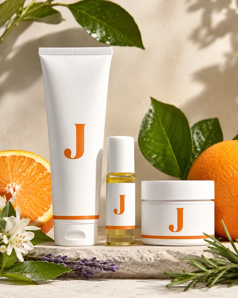 JustCBD topical cream, roll-on and balm in white and orange packaging