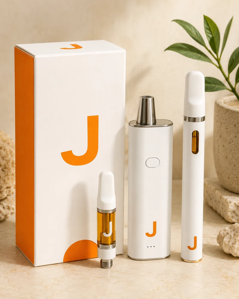 JustCBD vape cartridge and devices in white and orange packaging