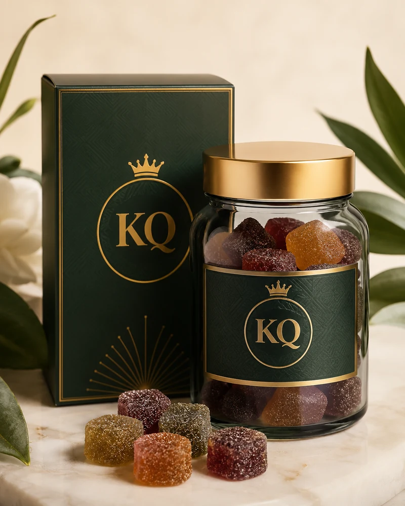Kush Queen cannabinoid gummies in premium green and gold packaging