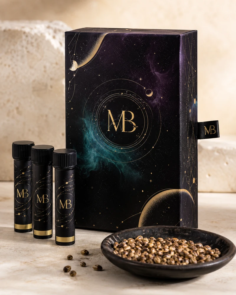Multiverse Beans cannabis seeds and breeder vials in cosmic packaging