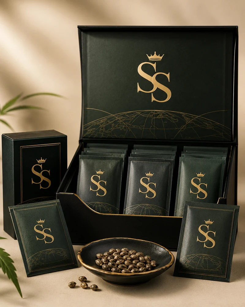 Seed Supreme seed packets in a black and gold presentation box