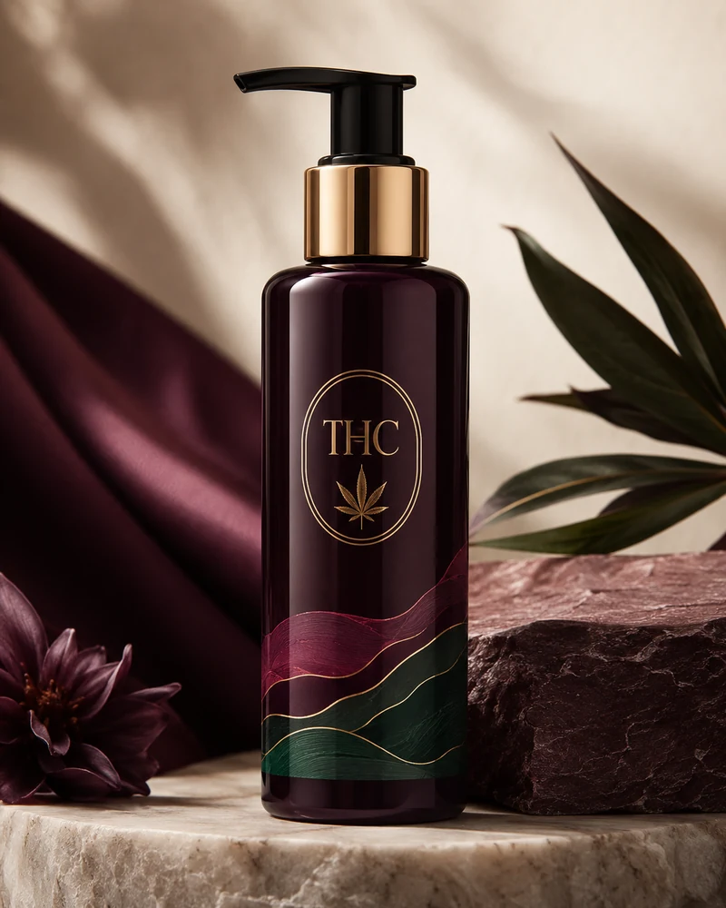 THC-infused lubricant in deep plum packaging